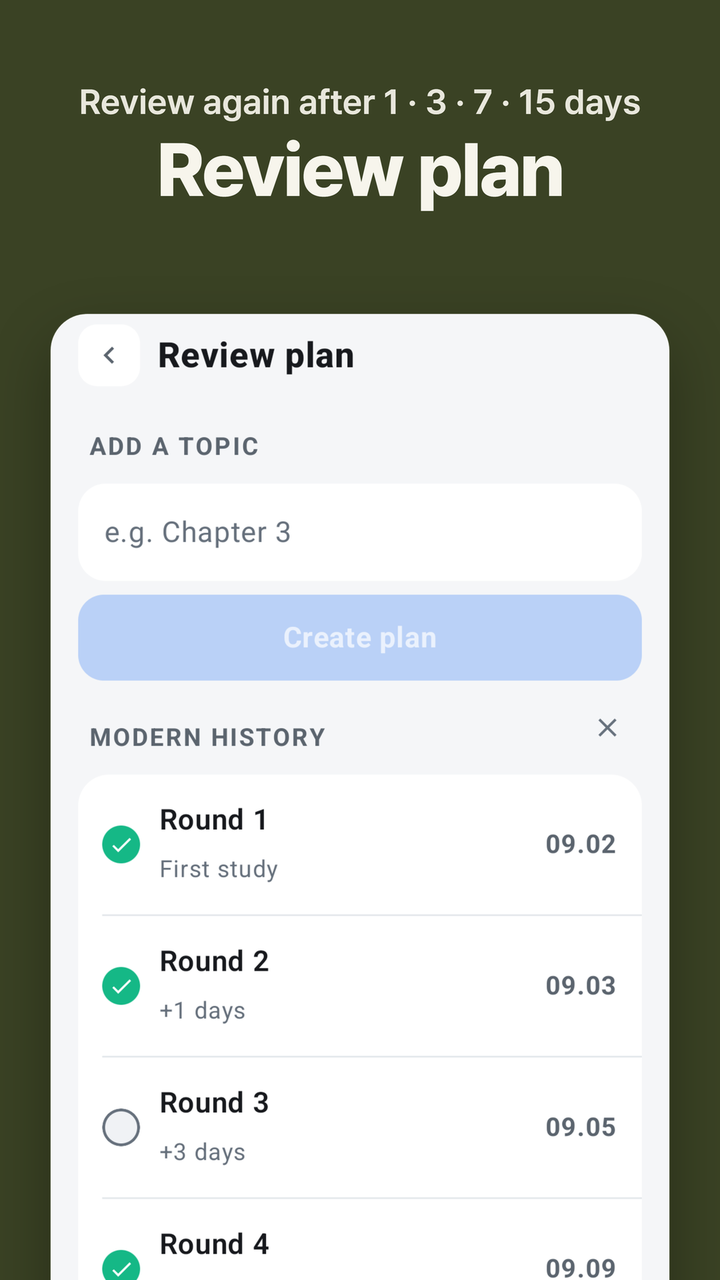 Review plan — again after 1, 3, 7, 15 days