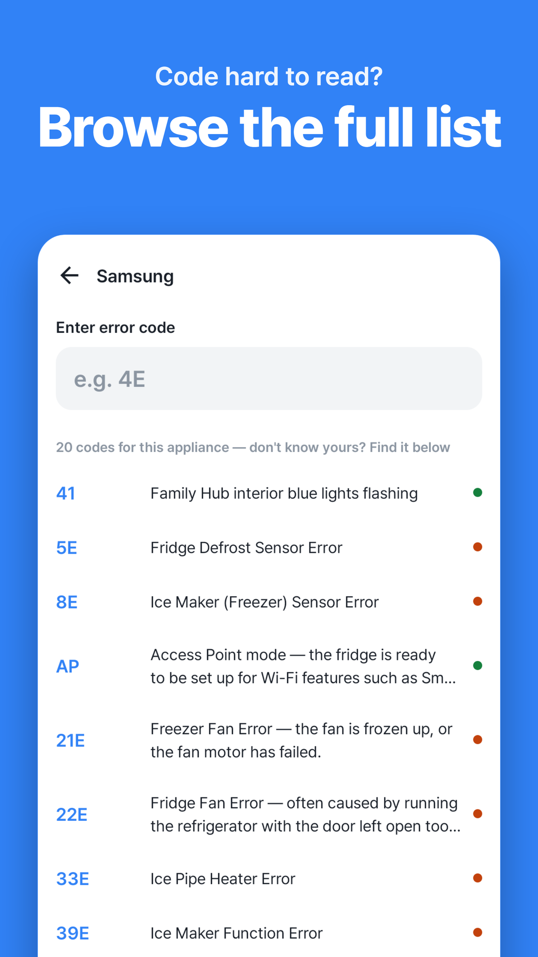 Full code list for a brand
