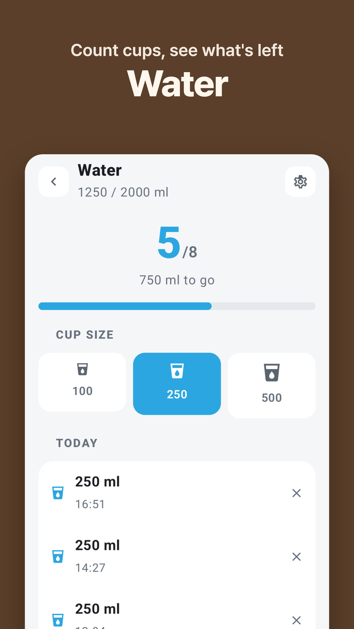 Water — count cups, see what's left