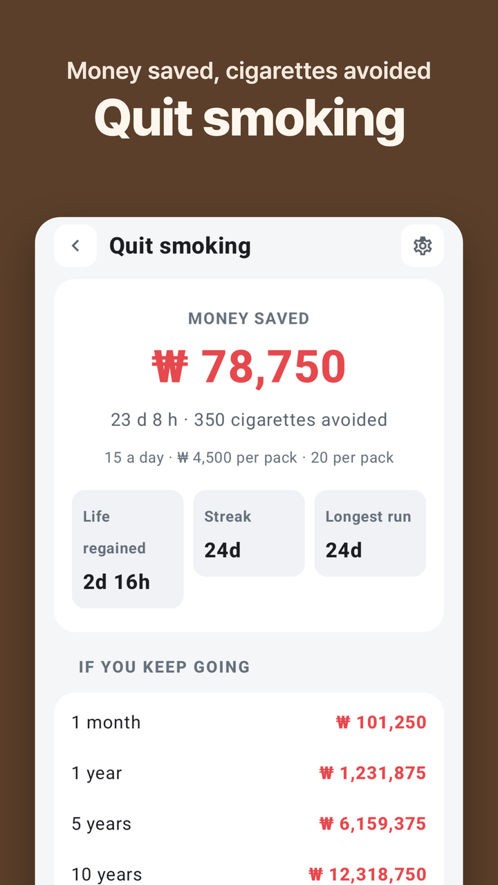 Quit smoking — money saved, cigarettes avoided