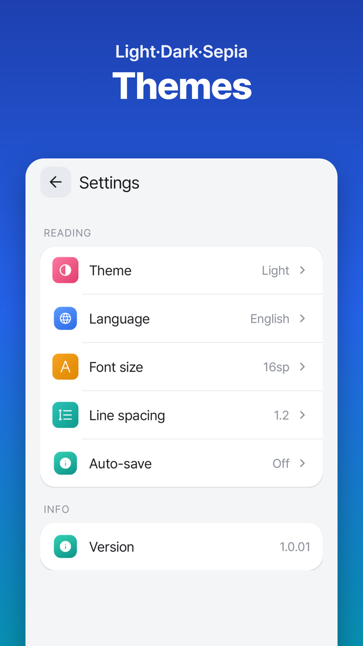 Light, Dark, Sepia themes