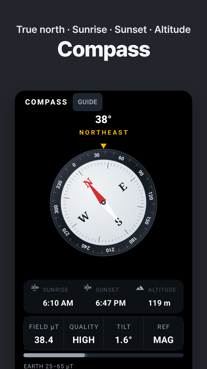 Compass — true north, sunrise, sunset, altitude