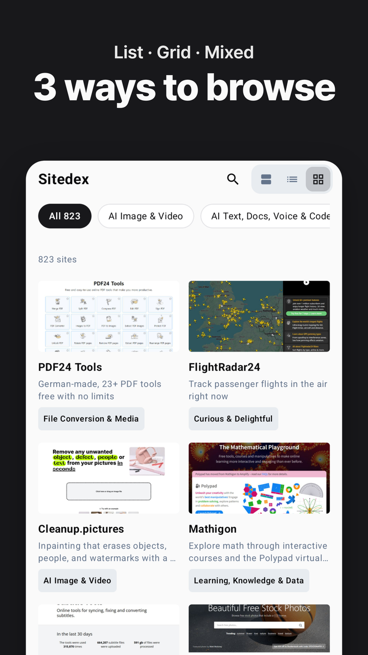 List, grid, mixed — 3 ways to browse