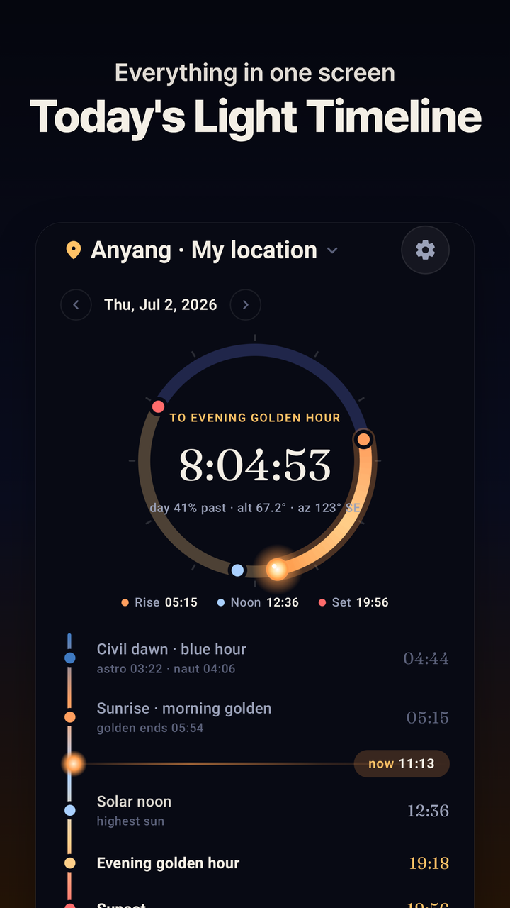 Today's light timeline with countdown to the next moment